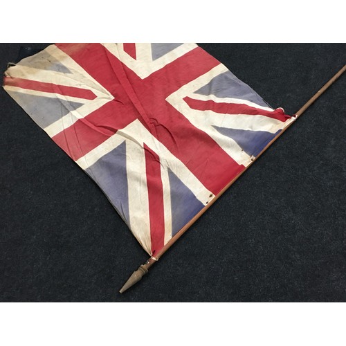 294 - Vintage flag pole with weathered Union Jack flag attached. Pole 189cm long, flag 110x80cm.