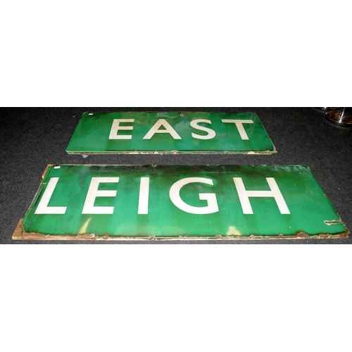 301 - Very large enamel railway station sign 'Eastleigh' on wooden frame. In two parts, overall size 370cm... 