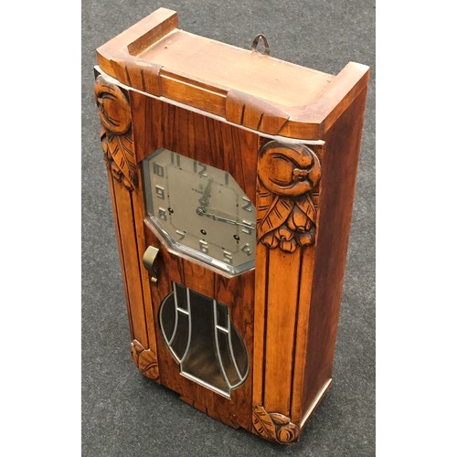 466 - Vedette quality French Art Nouveau oak cased wall hanging chiming clock 73x35x18cm.