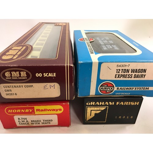 212 - 4 OO Gauge rolling stock - 2 coaches and 2 freight wagons. Generally Good condition, boxed.