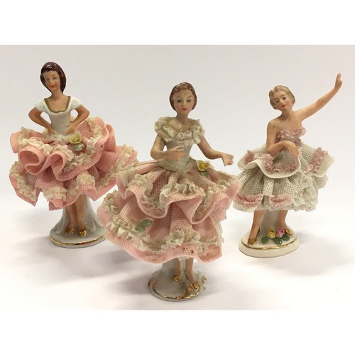 148 - Dresden collection of three porcelain ballerina figurines. All sold requiring restoration.