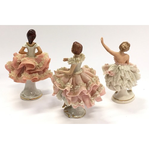 148 - Dresden collection of three porcelain ballerina figurines. All sold requiring restoration.