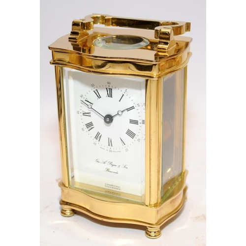 330 - Quality brass 8 day carriage clock with French lever movement. Dial signed by local jeweller George ... 