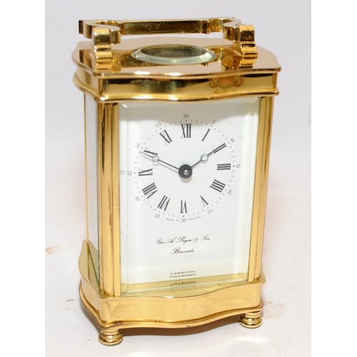 330 - Quality brass 8 day carriage clock with French lever movement. Dial signed by local jeweller George ... 