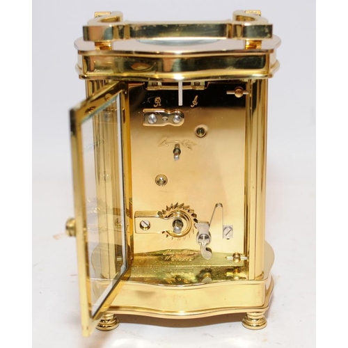 330 - Quality brass 8 day carriage clock with French lever movement. Dial signed by local jeweller George ... 