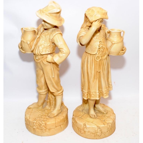 8 - Pair of Robinson & Leadbetter Ivory Parian ware figures of a peasant boy and girl carrying water ewe... 