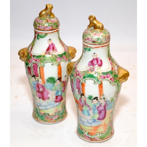 72 - Pair of vintage Oriental hand painted small lidded jars 18cms tall c/w a Masons Ironstone jug decora... 