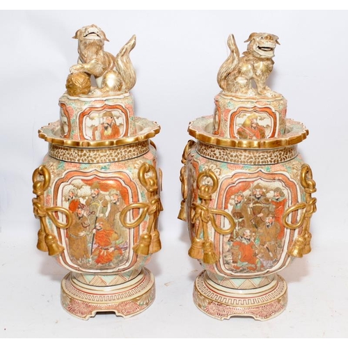 10 - Pair of antique Japanese Satsuma lidded vases in square form with yin and yang Dogs of Foo finials. ... 