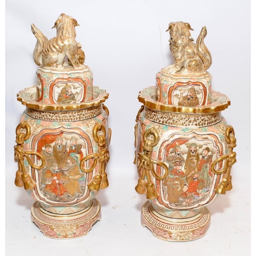 10 - Pair of antique Japanese Satsuma lidded vases in square form with yin and yang Dogs of Foo finials. ... 