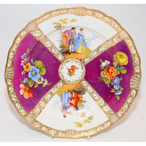 11 - Antique Meissen cabinet plate with quatrefoil decoration featuring bouquets and courting couples. 25... 