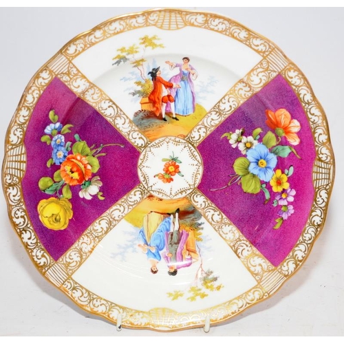 11 - Antique Meissen cabinet plate with quatrefoil decoration featuring bouquets and courting couples. 25... 