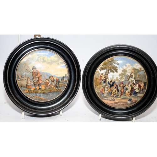 96 - Collection of Victorian Prattware pot lids. Four presented framed and one loose. Lot includes two po... 