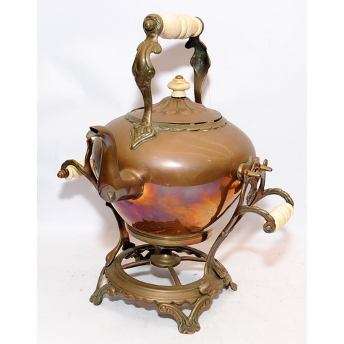 97 - Very large decorative Victorian copper kettle with ceramic handles on an ornate stand with internal ... 