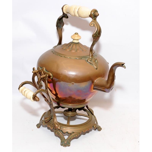 97 - Very large decorative Victorian copper kettle with ceramic handles on an ornate stand with internal ... 