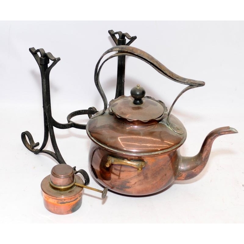 99 - Two antique spirit kettles on stands c/w original burners. One copper and the other is silver plated... 