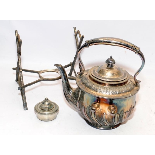 99 - Two antique spirit kettles on stands c/w original burners. One copper and the other is silver plated... 