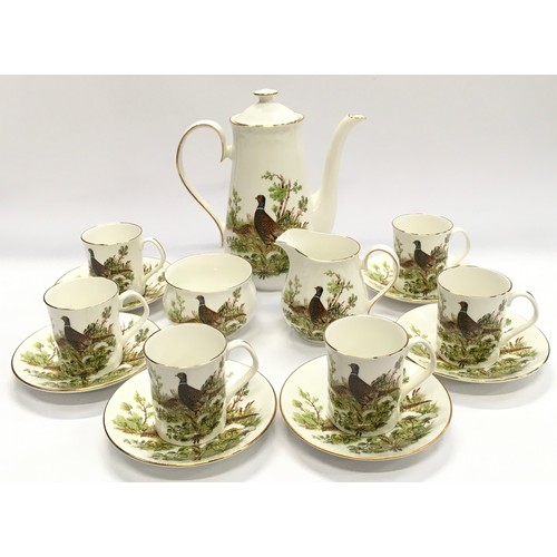 102 - Elizabethan Staffordshire fine bone china coffee set for six place settings decorated with pheasant ... 