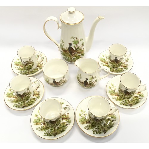 102 - Elizabethan Staffordshire fine bone china coffee set for six place settings decorated with pheasant ... 