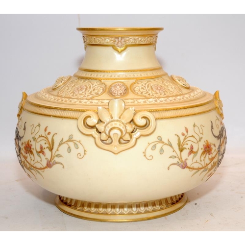 113 - Superb Royal Worcester gilded blush ivory centrepiece bulbous vase with hand painted decoration and ... 