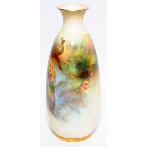 112 - A Lane signed Royal Worcester gilded blush ivory bottle vase with hand painted peacock and peahen de... 