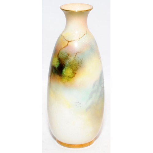 112 - A Lane signed Royal Worcester gilded blush ivory bottle vase with hand painted peacock and peahen de... 