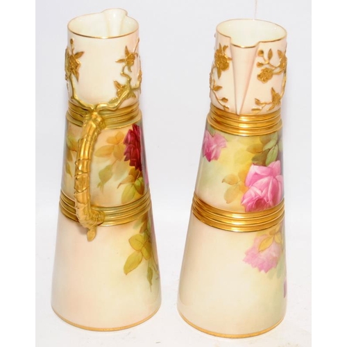 105 - Sedgley signed pair of Royal Worcester gilded blush ivory Oriental inspired water jugs with hand pai... 