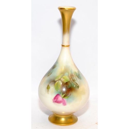 111 - Royal Worcester gilded blush ivory stem vase with bulbous base with hand painted floral decoration r... 