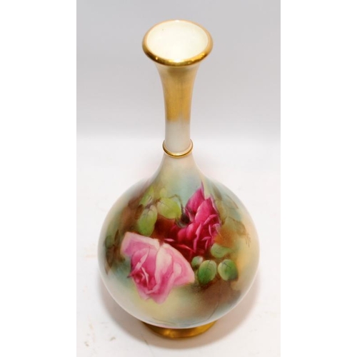 111 - Royal Worcester gilded blush ivory stem vase with bulbous base with hand painted floral decoration r... 