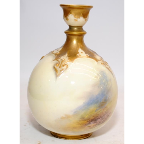 108 - H Davis signed Royal Worcester gilded blush ivory bulbous vase with hand painted decoration depictin... 