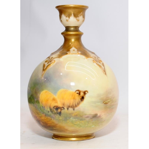 108 - H Davis signed Royal Worcester gilded blush ivory bulbous vase with hand painted decoration depictin... 