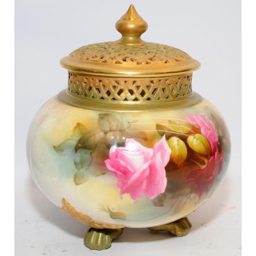 86A - Superb A. Lane signed Royal Worcester gilded blush ivory large pot pourri with pierced collar and li... 