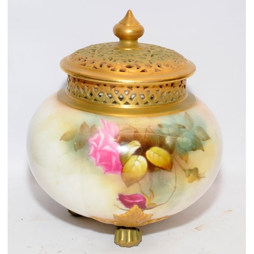 86A - Superb A. Lane signed Royal Worcester gilded blush ivory large pot pourri with pierced collar and li... 