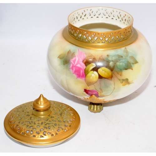 86A - Superb A. Lane signed Royal Worcester gilded blush ivory large pot pourri with pierced collar and li... 