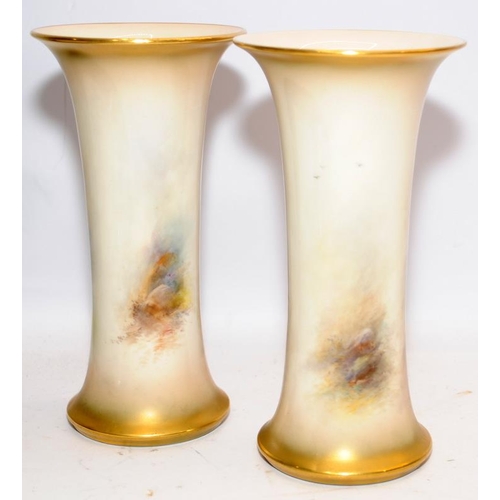 115 - Superb H Stinton signed Royal Worcester gilded blush ivory trumpet vases decorated with Highland cat... 