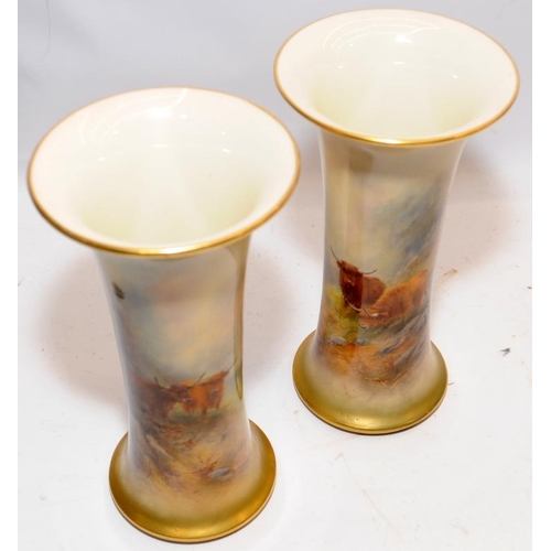 115 - Superb H Stinton signed Royal Worcester gilded blush ivory trumpet vases decorated with Highland cat... 