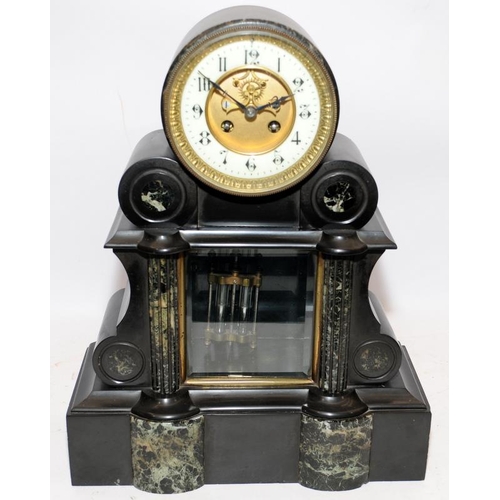 425 - Antique Quality black slate mantel clock garniture with marble accents.Drum top with glass panel dis... 