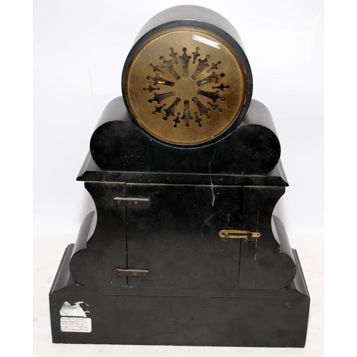 425 - Antique Quality black slate mantel clock garniture with marble accents.Drum top with glass panel dis... 