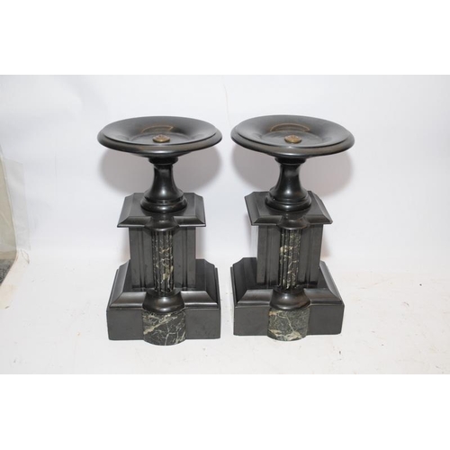 425 - Antique Quality black slate mantel clock garniture with marble accents.Drum top with glass panel dis... 