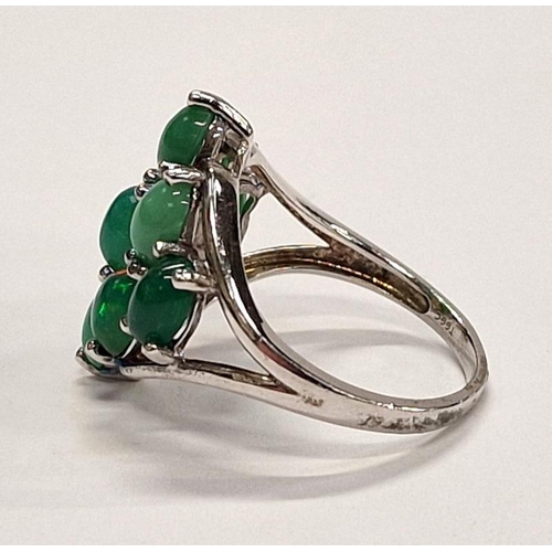 328 - 925 Silver ring of 9 green stones in diamond shape.