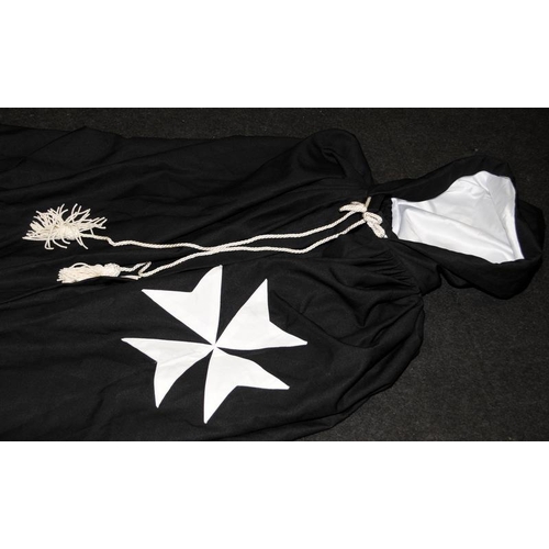 224 - Unusual black Masonic Knights of Malta hooded cape/mantle with Knights Templar Maltese Cross insigni... 