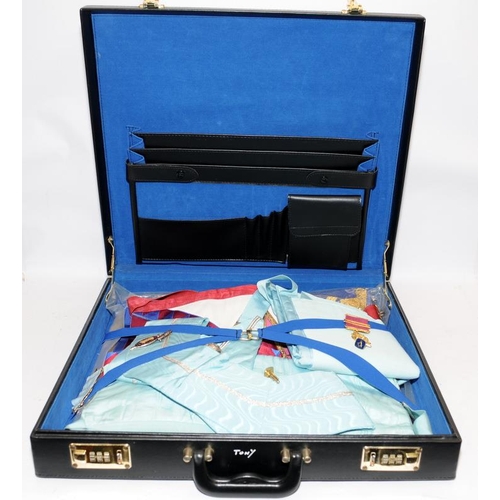 223 - Collection of Masonic regalia supplied within a quality fitted case. Includes sashes and tabards as ... 