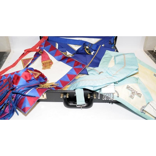 223 - Collection of Masonic regalia supplied within a quality fitted case. Includes sashes and tabards as ... 