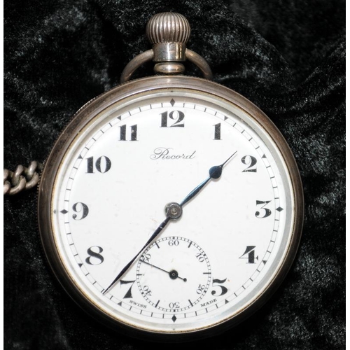 450 - Vintage sterling silver open face top winding pocket watch with sterling silver albert chain. Hallma... 