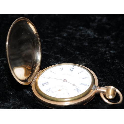 400 - Gold Plated Waltham full Hunter pocket watch with seconds sub dial. Top winding, ticks when wound. V... 