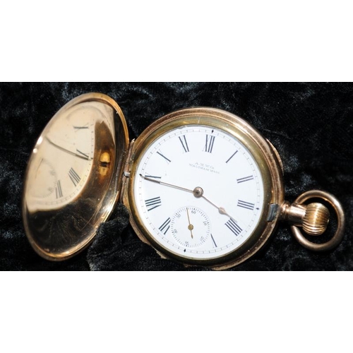 400 - Gold Plated Waltham full Hunter pocket watch with seconds sub dial. Top winding, ticks when wound. V... 