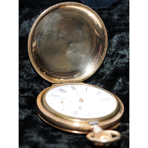 400 - Gold Plated Waltham full Hunter pocket watch with seconds sub dial. Top winding, ticks when wound. V... 