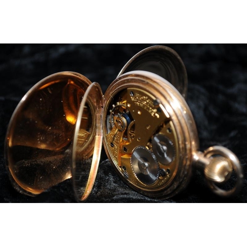 400 - Gold Plated Waltham full Hunter pocket watch with seconds sub dial. Top winding, ticks when wound. V... 