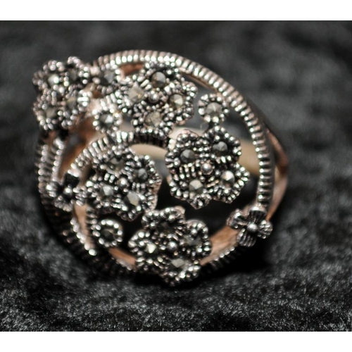 313 - A 925 silver marcasite floral ring Size N