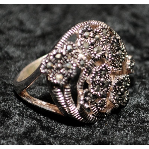 313 - A 925 silver marcasite floral ring Size N