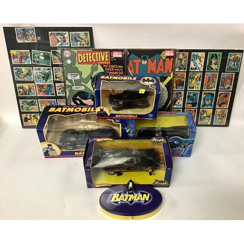 44 - Batman related group to include Corgi 1:18 and 1:24 scale Batmobiles, 1:18 scale Hot Wheels Batmobil... 